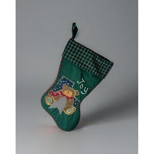 Christmas Stocking Sitting Teddy Bear & Star W/JOY embroidered Dark Green 20”